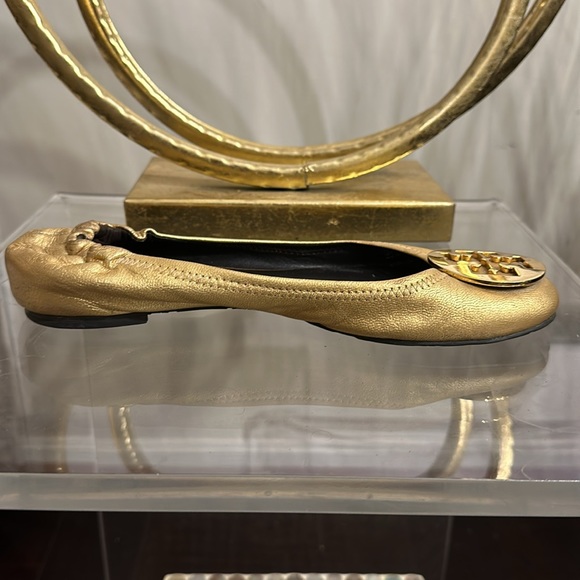 Tory Burch Reva Metallic Gold Ballet Flat With Gold Metal Double T Logo - Picture 5 of 16